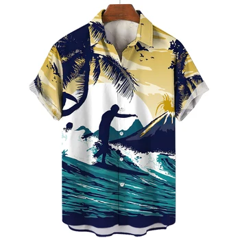 2023 Кокосовая Пальма Рубашки Для Мужчин С 3D Принтом Мужская Гавайская Рубашка Пляжная 3xl Модная Футболка С Коротким Рукавом Для Отдыха Мужские Топы