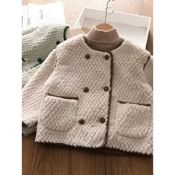 2023 Однотонные меховые пальто для маленьких девочек, жакеты, Осенне-зимняя одежда, Элегантное теплое пальто с круглым вырезом, детская одежда, пальто S100