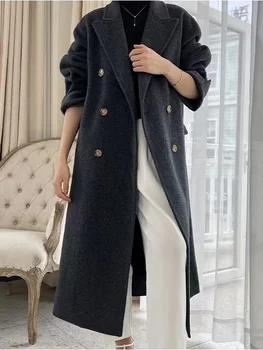 2023 Осень-зима, шелк тутового цвета, новое двустороннее кашемировое пальто, длинное женское пальто из натуральной шерсти, высококачественная куртка с лацканами и теплыми карманами, женская куртка