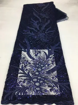 2023 Темно-синяя кружевная ткань с пайетками в нигерийском стиле, высококачественная Французская кружевная ткань из бисера, Африканский тюль, кружевная ткань для свадьбы