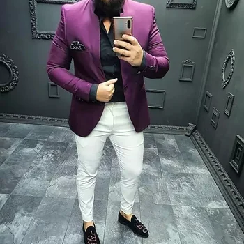 2023 Фиолетовые мужские костюмы с белыми брюками приталенного кроя на одной пуговице, 2 предмета (смокинги, пиджак + брюки) Свадебные смокинги для жениха, комплект для выпускного вечера, блейзер