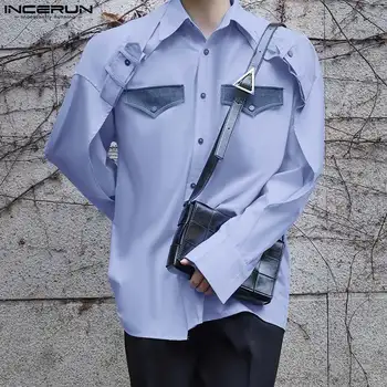 2024 Мужская повседневная рубашка с лацканами в стиле пэчворк, Свободный Мужской костюм с длинным рукавом, Уличная одежда в Корейском стиле, Модные Мужские рубашки S-5XL INCERUN