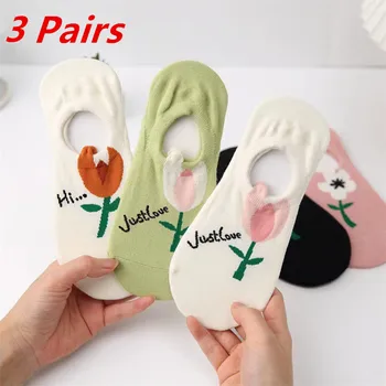 3 Пары женских носков Весна-лето, тонкие носки ярких цветов с мультяшным цветком, женские милые японские невидимые носки с мелким вырезом