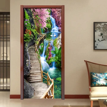3D Стерео Обои с водопадом Пейзаж с деревянным мостом в китайском стиле Наклейки на стену на двери из ПВХ Гостиная Спальня Плакат на двери дома