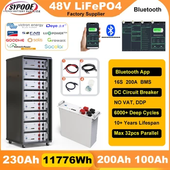48V 230Ah 12KWh LiFePO4 Аккумулятор 200Ah 100Ah с Bluetooth, BMS RS485 CAN, Выключатель постоянного тока Полной мощности 6000 + Циклов для хранения энергии
