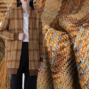 50x145 см Желтая решетчатая плетеная ткань из твида, окрашенная пряжей, для женщин, осенняя куртка, платье, костюмы, пальто, сумочка, ткань для шитья своими руками