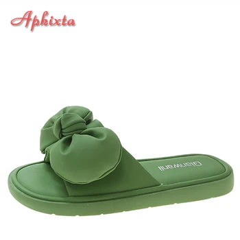 Aphixta 2022 Зеленые Летние тапочки Женские Удобные аппликации с бантиками и цветами Обувь на плоской подошве Уличные Шлепанцы с открытым носком Сандалии