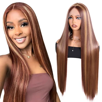 BCHR Коричневые парики с подсветкой, парики на кружеве спереди, парики для женщин, длинные прямые синтетические парики, средняя часть, светлые парики с мелированием волос