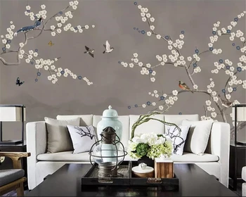 Beibehang Пользовательские обои новая китайская ручная роспись ручкой синий цветок сливы птица ТВ стена спальни papel de parede 3d обои фреска
