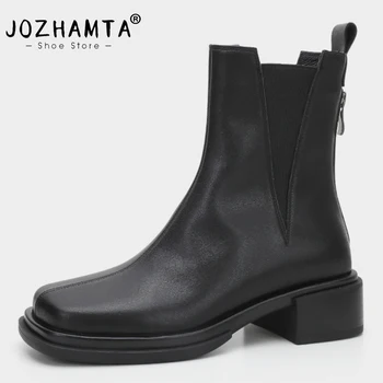JOZHAMTA, Размер 34-40, женские ботильоны, винтажная зимняя обувь из натуральной кожи на массивном каблуке, женские короткие ботинки с эластичной резинкой,