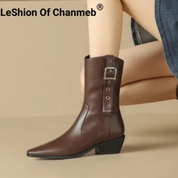 LeShion Of Chanmeb/ Женские ботинки из натуральной кожи с пряжкой для ремня, ковбойские ботинки в стиле вестерн, женская обувь на молнии из черной искусственной замши на среднем каблуке