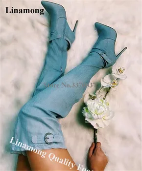 Linamong Модные в западном стиле Сапоги выше колена из синей эластичной ткани с острым носком на шпильке, пикантные длинные сапоги до бедра с пряжкой