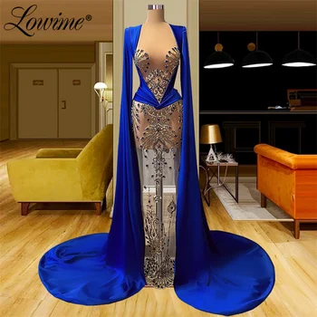 Lowime Royal Blue Дубайский дизайн Прозрачные Вечерние платья с длинными рукавами, расшитыми бисером, Платья знаменитостей для вечеринок 2022 от Кутюр