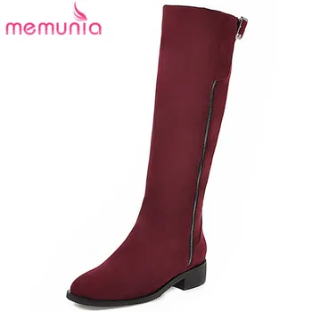 MEMUNIA / 2021, большие размеры 46, женские сапоги до колена, осенне-зимние сапоги на молнии из флока в простом стиле, модная повседневная женская обувь на низком каблуке