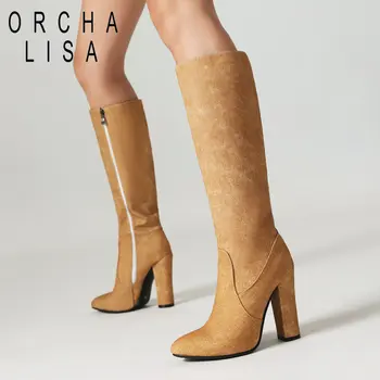 ORCHA LISA Модные женские длинные Сапоги с острым носком на высоком каблуке 11 см с застежкой-молнией Классические туфли для свиданий до колена Bota Плюс Размер 46