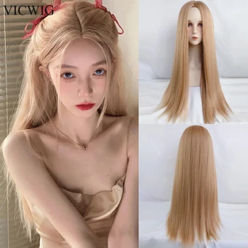 VICWIG Длинный прямой парик блондинки, Синтетический Женский Парик для косплея Лолиты, Термостойкий парик для ежедневной вечеринки