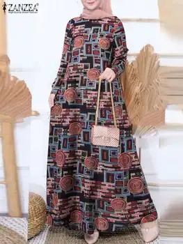 ZANZEA Модное мусульманское платье с цветочным принтом в богемном стиле Повседневный Длинный сарафан из Дубая Женские платья с круглым вырезом и длинным рукавом Праздничный халат 2023