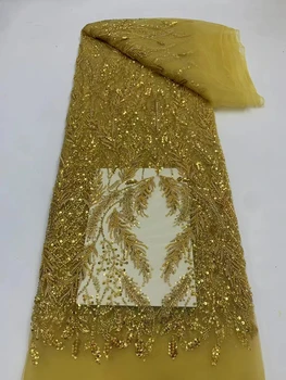 Африканская кружевная ткань из тяжелого бисера, Нигерия, Роскошная сетка ручной работы с пайетками, 5 ярдов ткани для свадебных платьев Sew XB