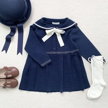 Весенне-осеннее трикотажное платье для девочек Jenny & Dave для девочек с воротником в японском темно-синем цвете, плиссированное платье в стиле колледжа для девочек