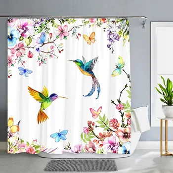 Весенняя цветочная занавеска для душа с Колибри для ванной, акварельная цветочная птица, современный декор, машинные занавески для душа, декор ванной комнаты