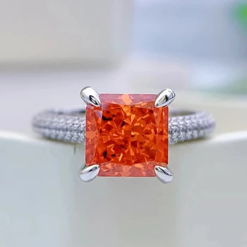Весна Qiaoer Princess Cut 8 мм Оранжевый Высокоуглеродистый Бриллиант Стерлингового Серебра 925 Пробы Вечерние Обручальные Кольца для Женщин Promise Jewelry
