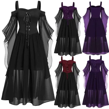 Винтажное женское платье на Хэллоуин, ведьма, готическая повязка на шнуровке, сетка, большие размеры, с открытыми плечами, женские костюмы для косплея на Хэллоуин, халат