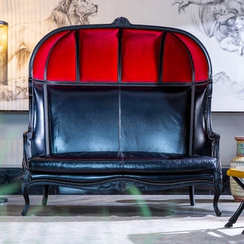 Винтажное художественное кожаное кресло во французском стиле Китайский стиль резной дворцовый двухместный диван из букового дерева с высокой спинкой C4