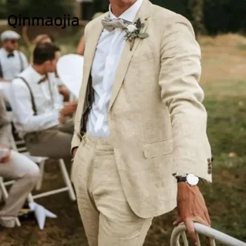 Высококачественный формальный мужской льняной костюм, Элегантный мужской костюм с зубчатым лацканом на двух пуговицах, Свадебный смокинг, Брюки, костюм Homme