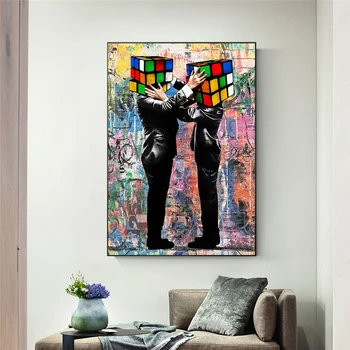 Граффити с изображением головы Кубика Рубика, мужчины в костюме, плакаты и принты, абстрактные уличные картины на холсте для декора стен гостиной.