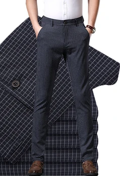 Деловые мужские осенне-весенние модные Длинные брюки, Брюки для официального костюма, Мужские эластичные Прямые повседневные брюки из хлопка в клетку Большого размера A55