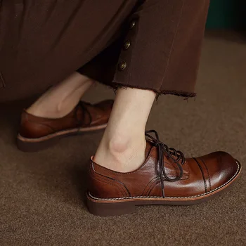 Демисезонная Простая женская обувь на шнуровке, женская обувь в британском стиле, ретро-балетки, круглый носок, винтажные туфли на плоской подошве из натуральной коровьей кожи