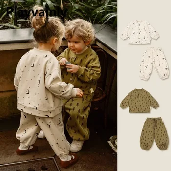 Демисезонный Повседневный комплект из 2 предметов для маленьких девочек и мальчиков, свитшоты с милым принтом, пальто + свободные брюки-фонарики, одежда для новорожденных E16209