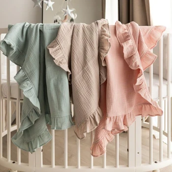 Детские одеяла из органического хлопка, Муслиновое пеленание для новорожденных, Марлевое одеяло с оборками, постельные принадлежности, аксессуары для младенцев