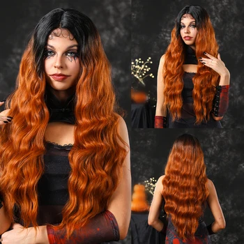 Длинный волнистый кружевной парик на Хэллоуин для женщин, черное Омбре, Оранжевая вечеринка, Ежедневно используйте синтетический парик, натуральные волосы высокой плотности, Термостойкие