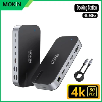 Док-станция MOKiN USB 4K 15 в 1 USB C с двойным HDMI, DP, RJ45 1000 Мбит/с, USB3.1 10 Гбит/с, Аудио, Адаптер PD100W, для MacBook ipad air
