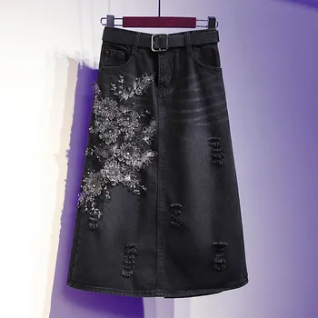 Женская джинсовая юбка Большого размера, женская Весенне-осенняя ковбойская юбка средней длины, модная юбка, женская юбка S-5XL, B1482