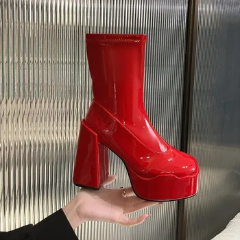 Женская обувь 2023, высококачественные женские ботинки без застежки, модные однотонные ботинки для вечеринок, женские высококачественные ботинки до середины икры на каблуке с круглым носком