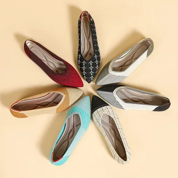 Женская обувь, обувь на большой плоской подошве, весна и осень 2023, новый стиль, заостренный трикотаж, модная дышащая противоскользящая красивая цветовая блокировка