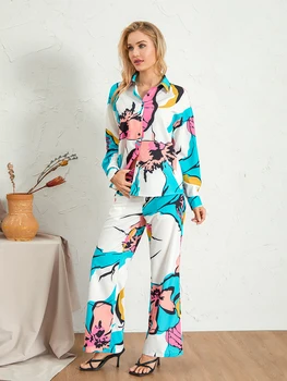 Женская одежда из 2 предметов, пижама, футболка с длинными рукавами и пуговицами, и верхняя одежда с цветочным принтом на широких штанинах с высокой талией