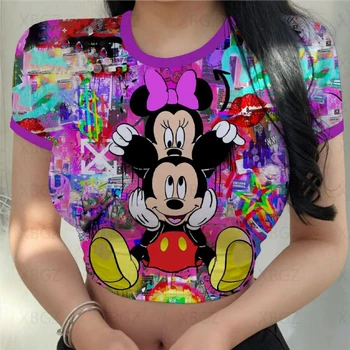 Женская одежда, укороченный топ с Микки, Приталенная женская футболка, вечерние футболки с Минни Маус, Модные блузки с рисунком Y2k, облегающие, Дисней