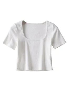 Женская укороченная футболка с квадратным вырезом и коротким рукавом в рубчик