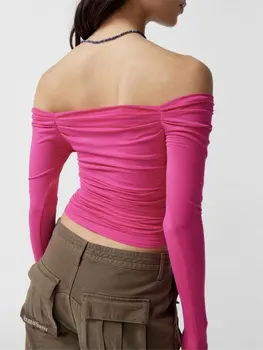 Женская футболка, топы с длинным рукавом и открытыми плечами, плиссированный однотонный укороченный топ приталенного кроя