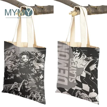 Женская хозяйственная сумка Demon Slayer с двойным принтом, многоразовая повседневная японская классическая сумка из аниме-фильма, женские сумки для покупок