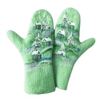 Женские зимние перчатки из искусственного кашемира с полными пальцами, Рождественский пейзаж, Домики с принтом елки, Праздничные Утепленные варежки