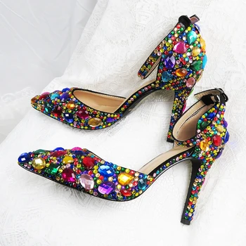 Женские свадебные туфли с ремешком на щиколотке, разноцветные хрустальные туфли на высоком каблуке, женские модельные туфли Paty, женские туфли-лодочки с острым носком