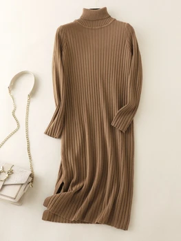 Женский свитер, осенне-зимнее модное однотонное платье, пуловер с высоким воротником, элегантная уличная одежда для поездок на работу, женская одежда