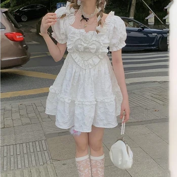 Женское летнее белое пышное платье с коротким рукавом и бантиком в складках, платье принцессы Харадзюку, женское милое платье для чаепития.
