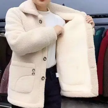 Женское однотонное пальто, женское пальто с длинным рукавом, винтажное пальто с лацканами, женское зимнее пальто с плюшевой подкладкой, теплая стильная уличная куртка