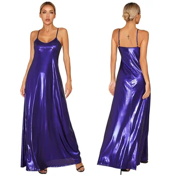 Женское платье Макси с металлическим блеском, вечерние элегантные платья для вечеринок, V-образный вырез, регулируемый ремешок-спагетти, ночная одежда для клубных коктейлей с открытой спиной