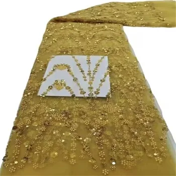 Золотая Африканская кружевная ткань с блестками 2024 5 Ярдов Высококачественная Французская Нигерийская кружевная ткань для жениха Для пошива платья Свадебной вечеринки
